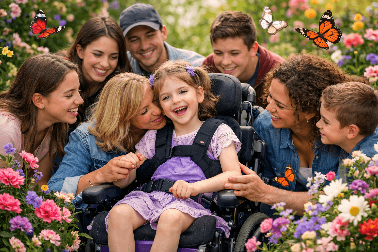 Familie in einem blühenden Garten um ein Kind im Rollstuhl, Symbol der RE2T-Unterstützung